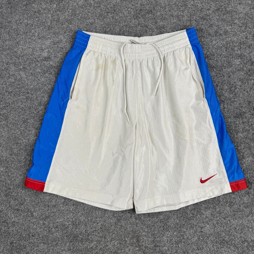 Nike Athletic Shorts Mens Size L White Blue Mesh Basketball Drawstring Stained